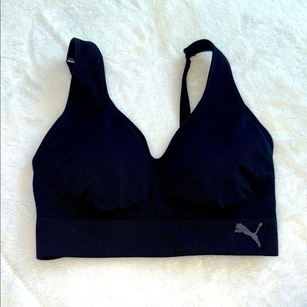 Puma‎ Womens Seamless V-Neck Sports Bra Black Adjustable Straps Medium Impact M